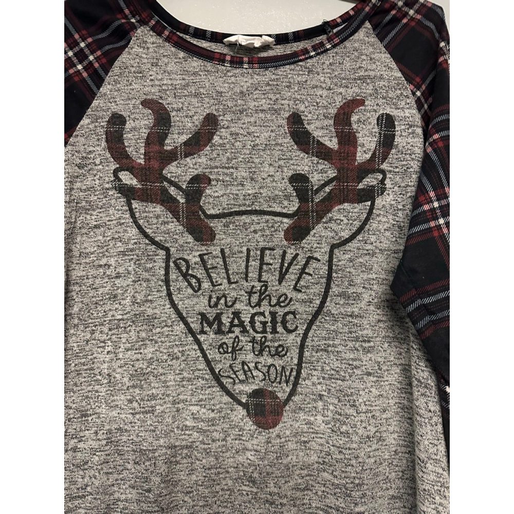Women's EXCLUSIVE ONE Gray christmas graphic and Plaid Long Sleeve Tee size XL - Picture 3 of 5